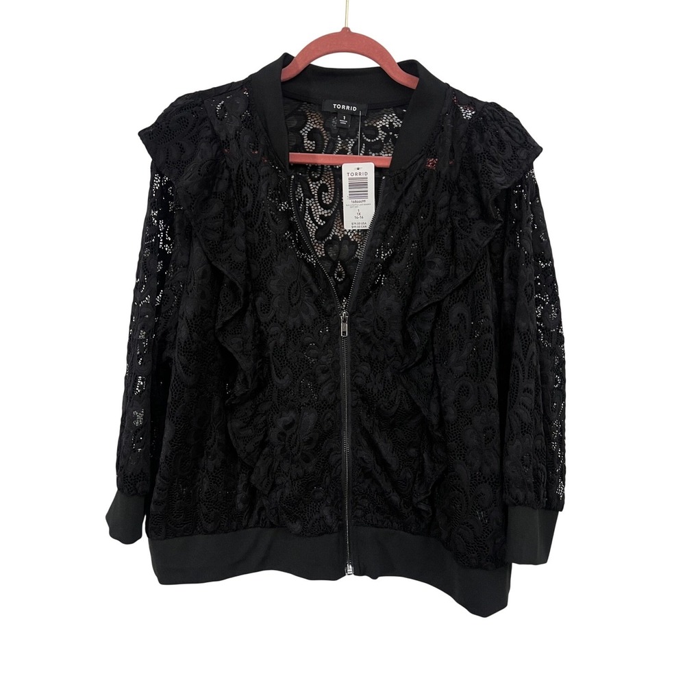 Torrid NWT Lace Ruffle Cropped Bomber Jacket Size 1X Romantic Black Sheer Zip Up - Picture 2 of 6
